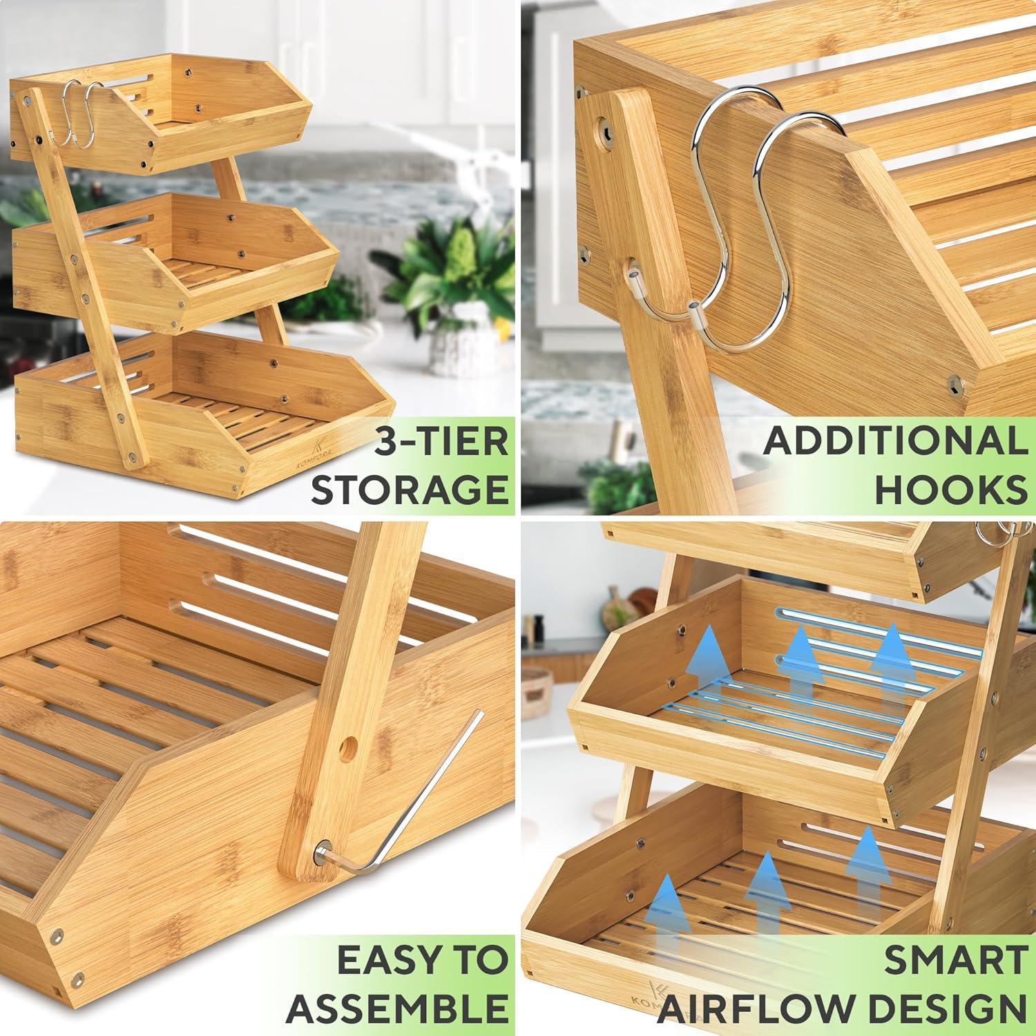 Cesta de Frutas de Bambú 3 Niveles Komfora - Soporte 5 kg