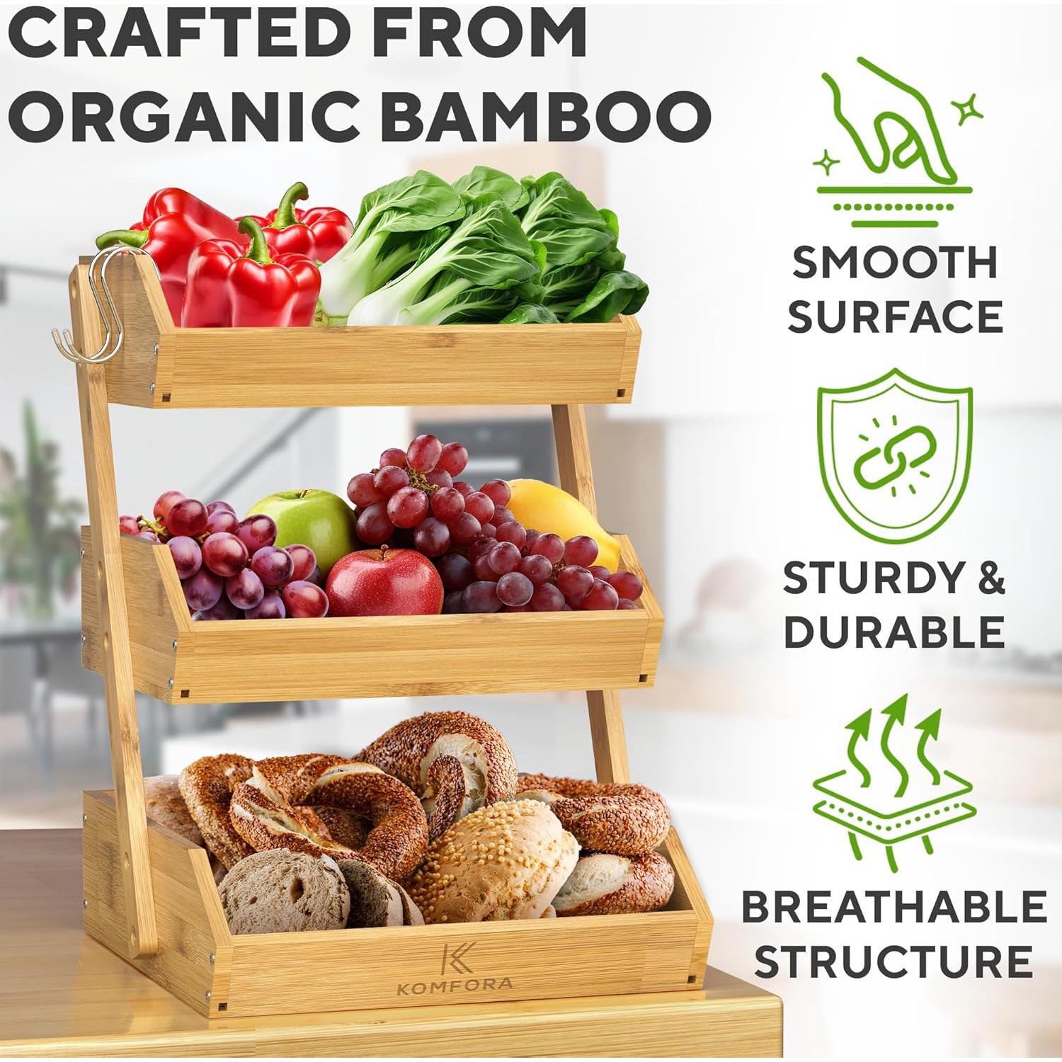 Cesta de Frutas de Bambú 3 Niveles Komfora - Soporte 5 kg