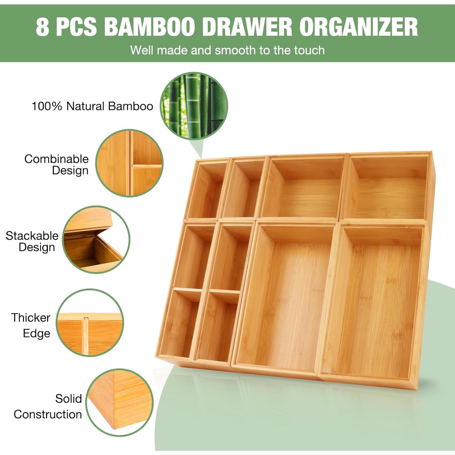 Juego de Organizadores de Cajones de Bambú 8 PCS Multiusos