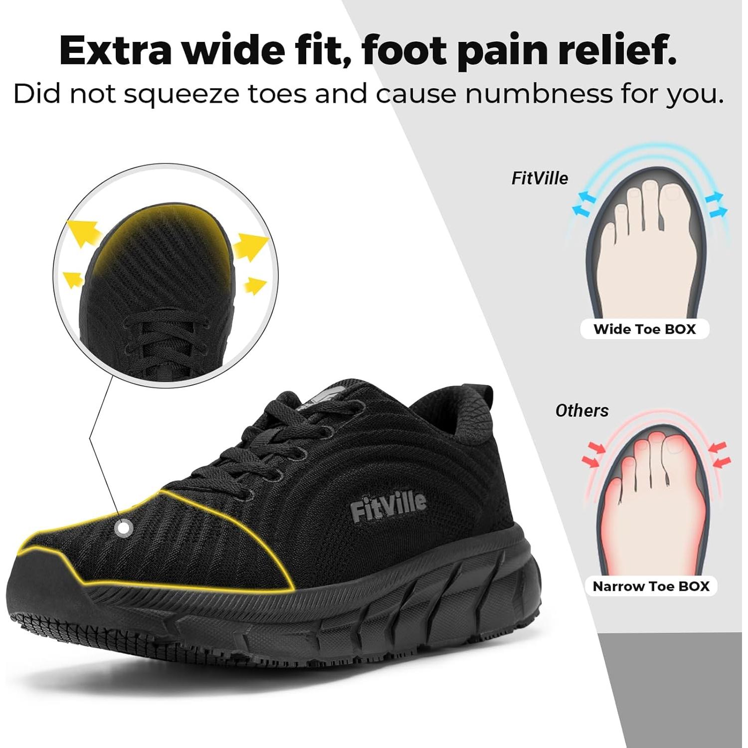 Zapatos de caminar FitVille para mujeres, ancho extra, color negro