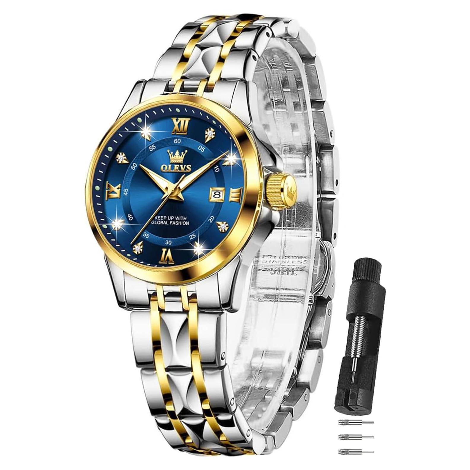 Reloj OLEVS para Mujeres con Esfera Azul y Correa de Oro Plata