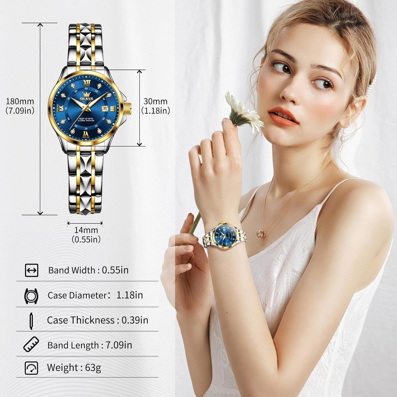 Reloj OLEVS para Mujeres con Esfera Azul y Correa de Oro Plata