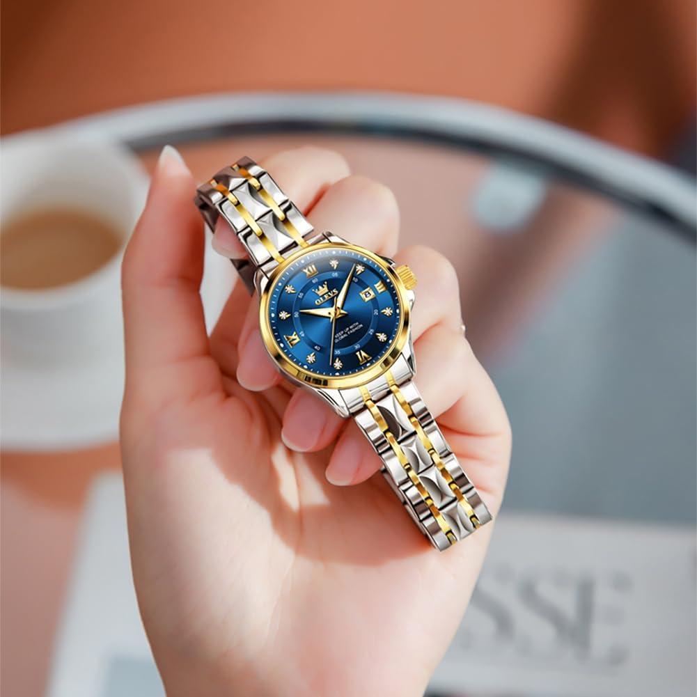 Reloj OLEVS para Mujeres con Esfera Azul y Correa de Oro Plata