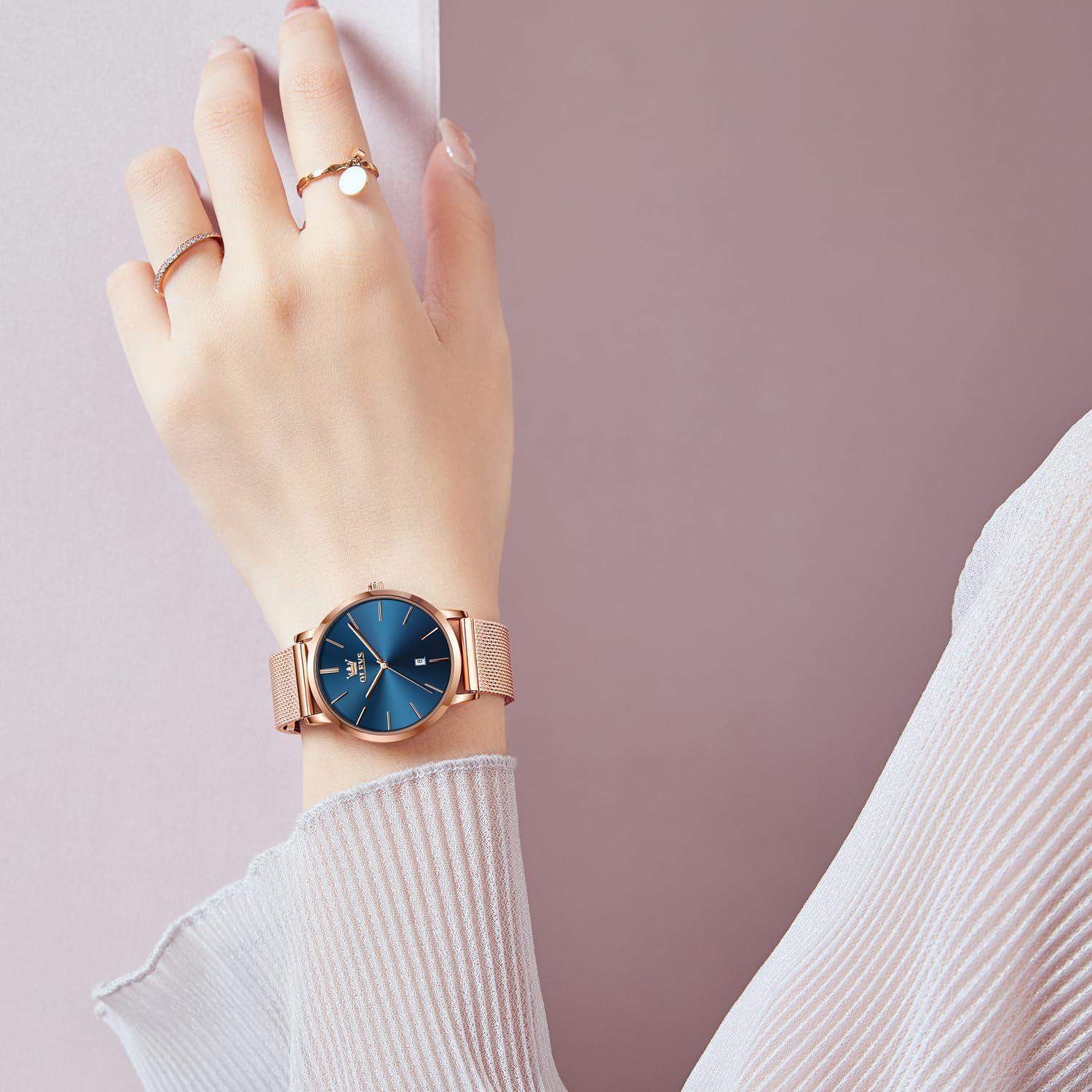 Reloj de Mujer OLEVS Lujo Oro Rosa Esfera Azul 33mm