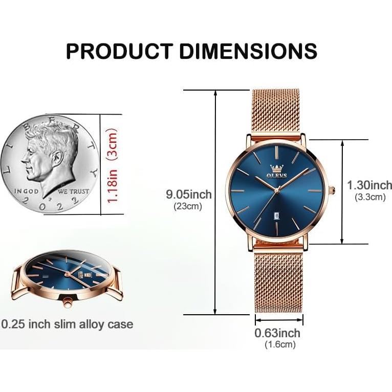 Reloj de Mujer OLEVS Lujo Oro Rosa Esfera Azul 33mm