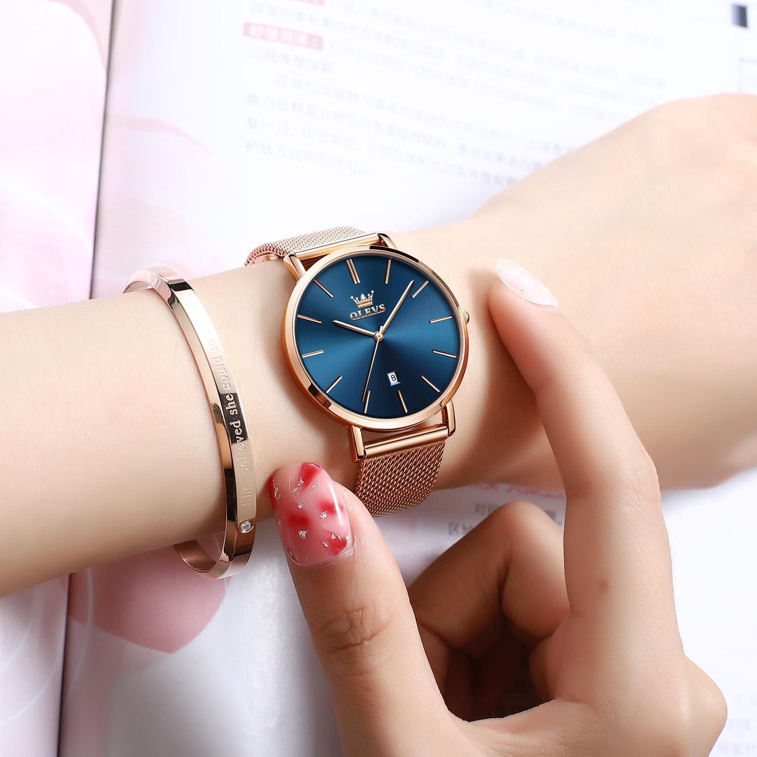 Reloj de Mujer OLEVS Lujo Oro Rosa Esfera Azul 33mm