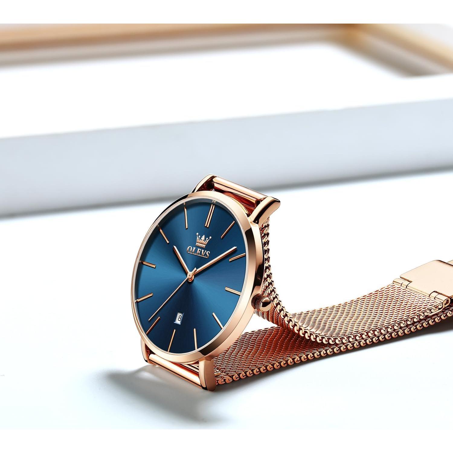 Reloj de Mujer OLEVS Lujo Oro Rosa Esfera Azul 33mm