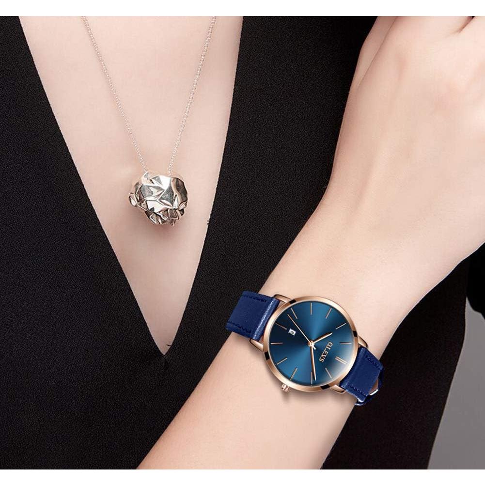 Reloj de Pulsera OLEVS para Mujer Cuero Azul Marino Minimalista