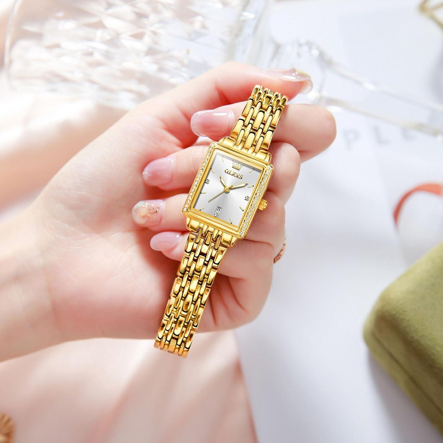 Reloj Cuadrado OLEVS para Mujeres, Pulsera Dorada, 23mm