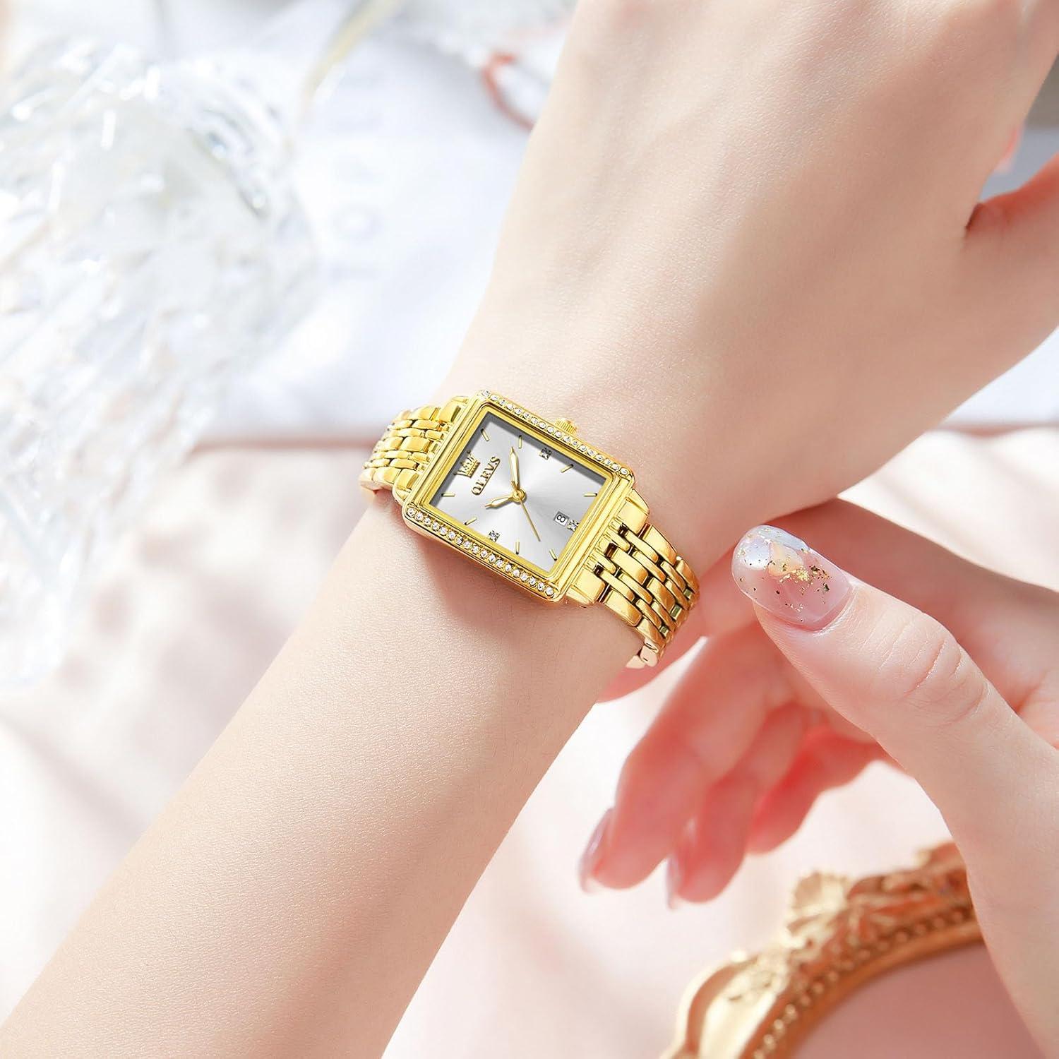 Reloj Cuadrado OLEVS para Mujeres, Pulsera Dorada, 23mm