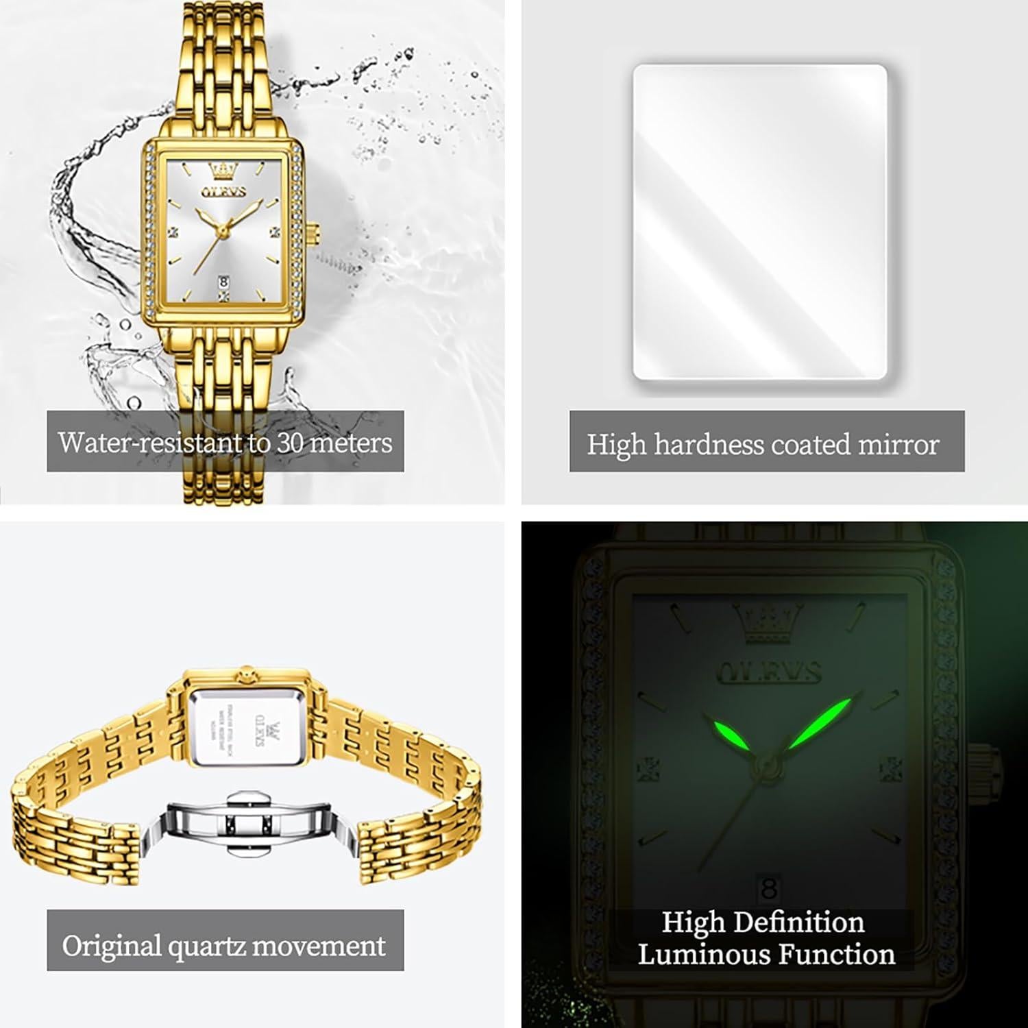 Reloj Cuadrado OLEVS para Mujeres, Pulsera Dorada, 23mm