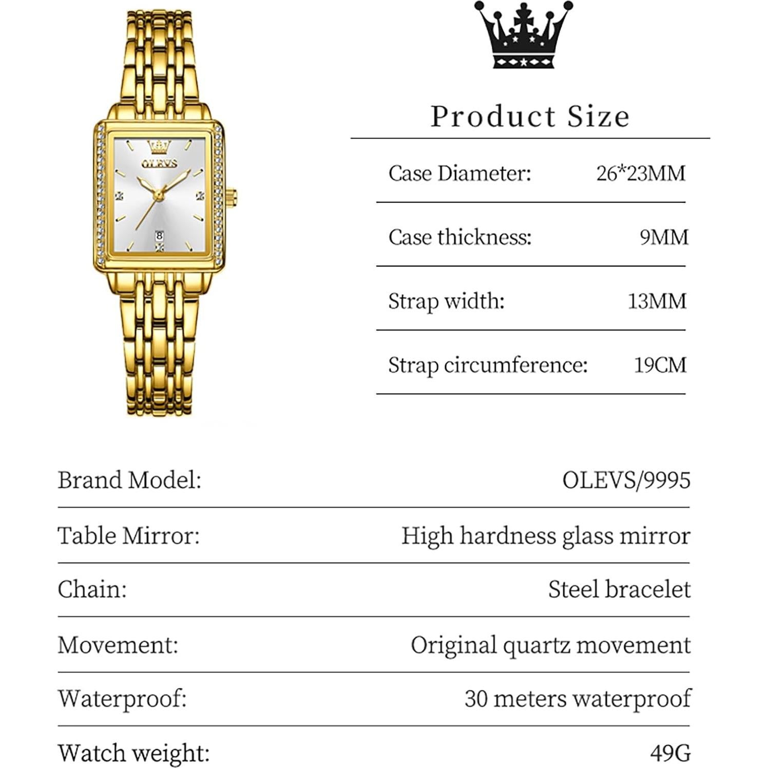 Reloj Cuadrado OLEVS para Mujeres, Pulsera Dorada, 23mm