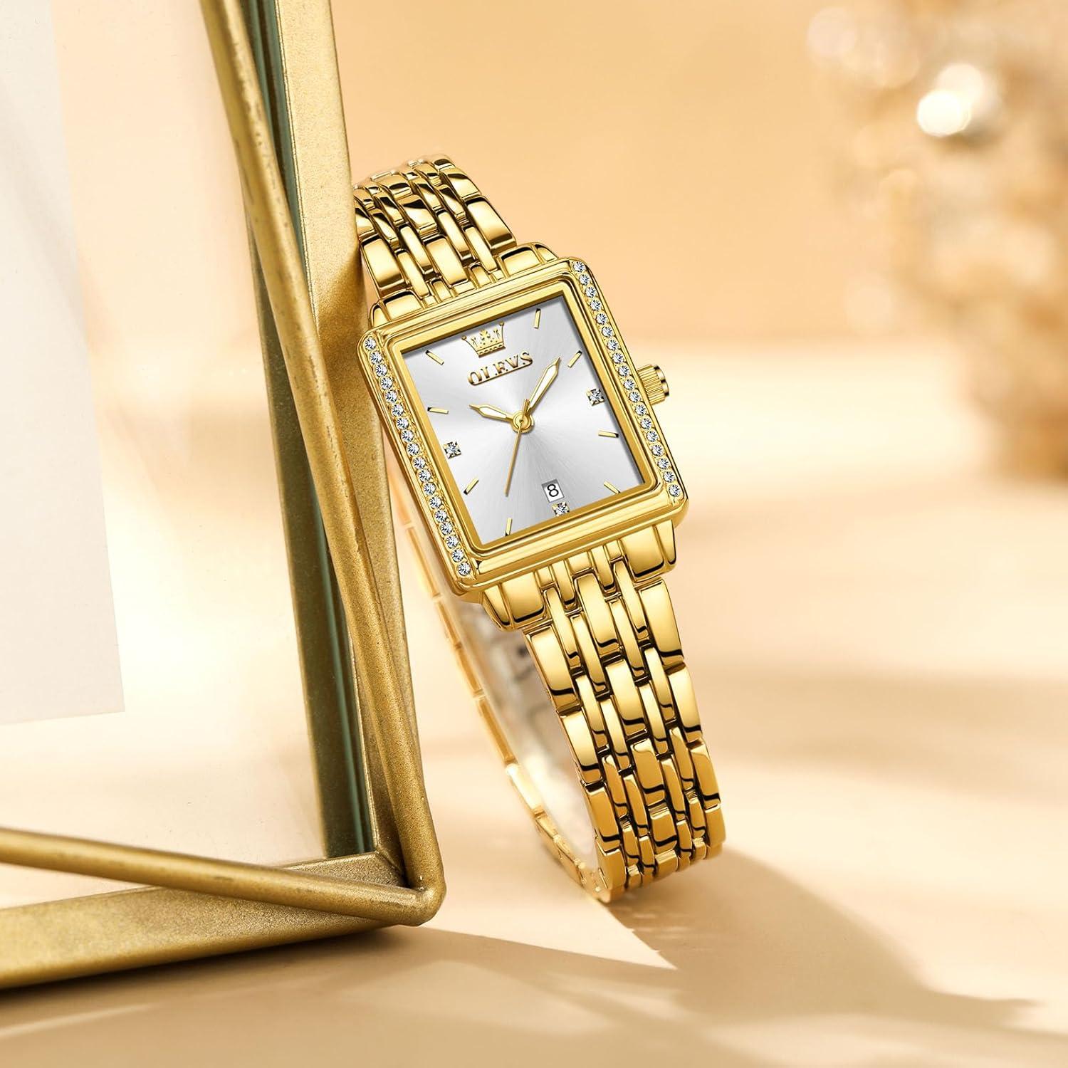 Reloj Cuadrado OLEVS para Mujeres, Pulsera Dorada, 23mm