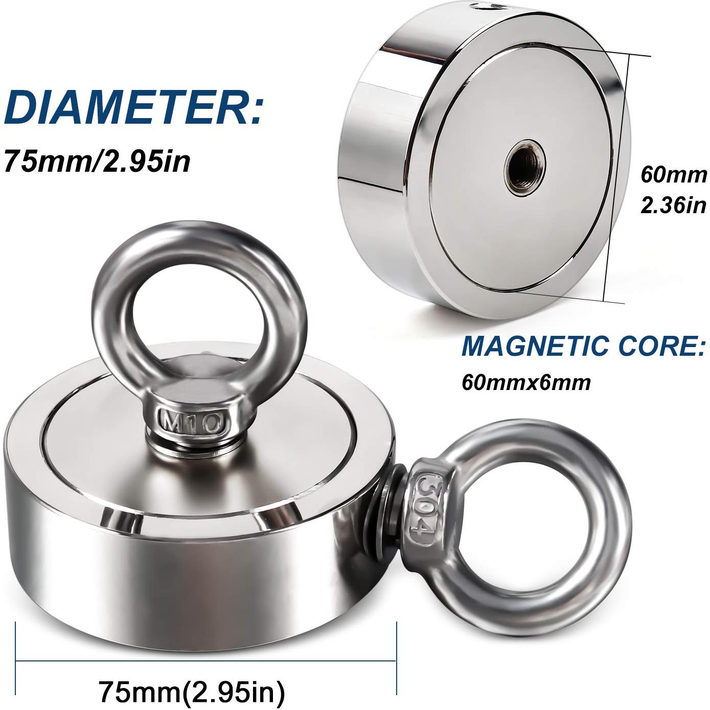 Imán de Pesca Neodimio DIYMAG 75mm 590kg con Cuerda 20m