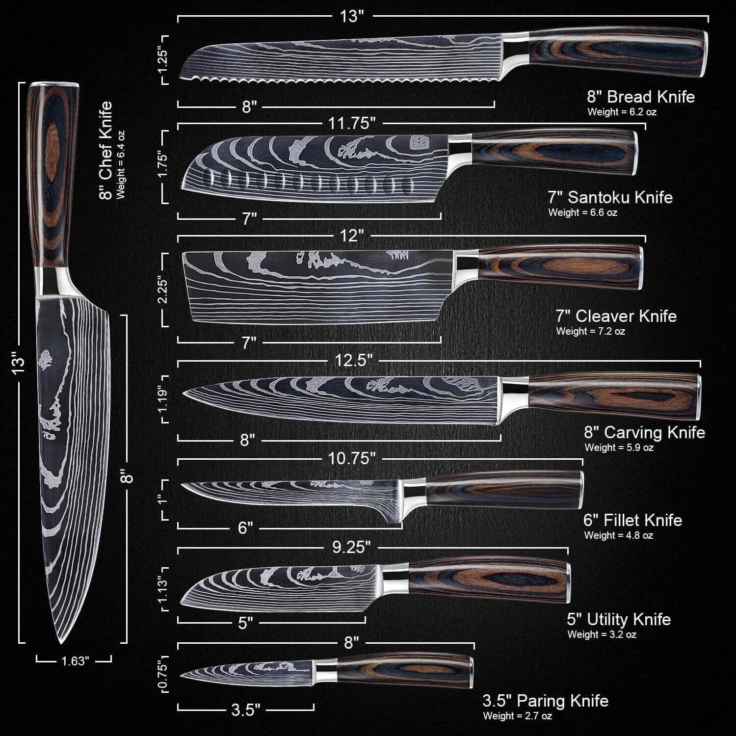 Juego de cuchillos de cocina japonés Senken 8 piezas Damasco