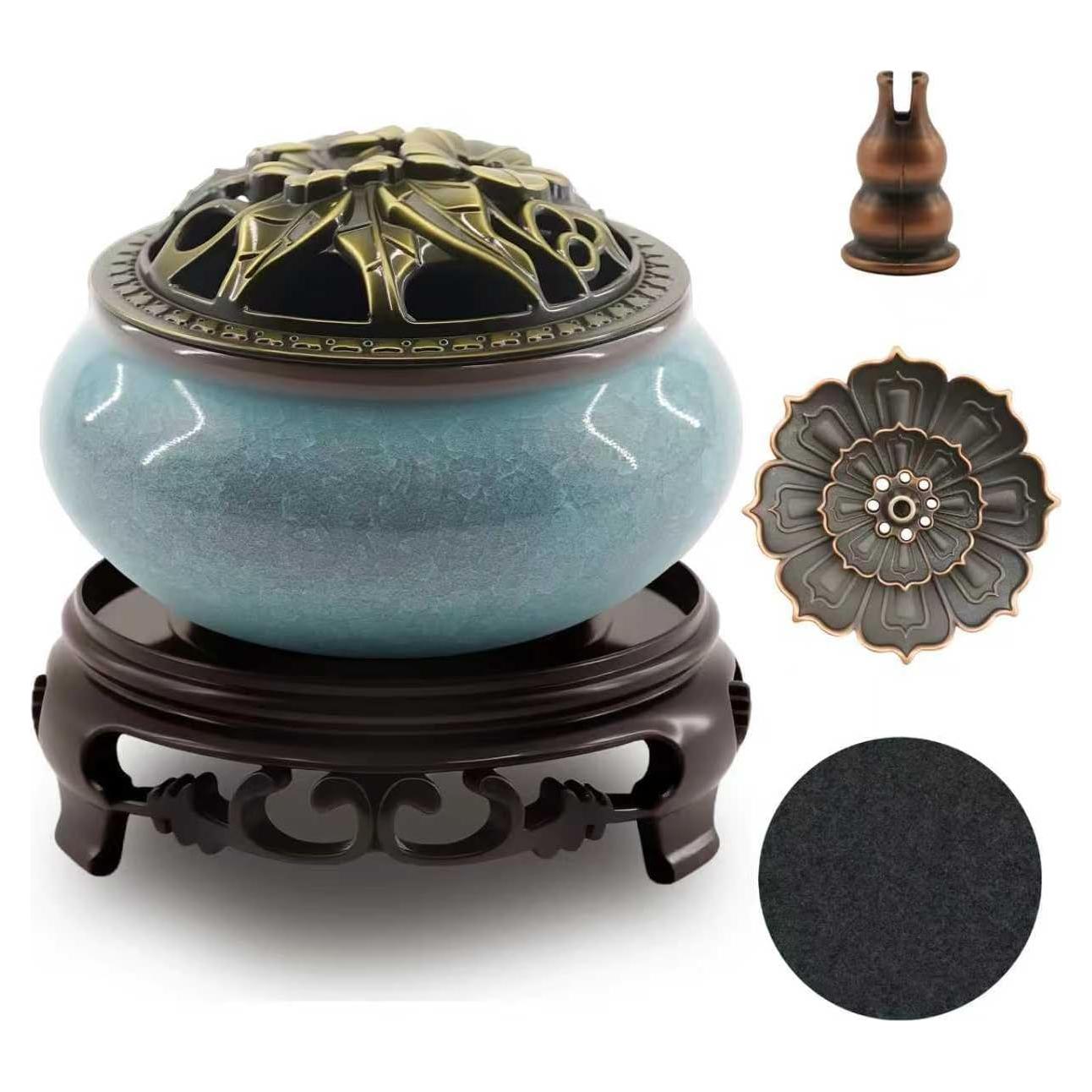 Quemador de Incienso de Cerámica Azul con Soporte Multifuncional