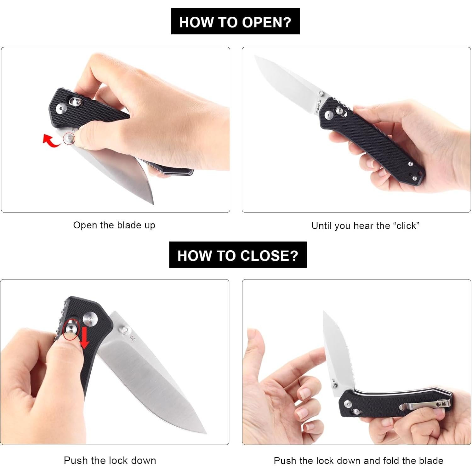 Cuchillo Plegable EDC EMHTiii Negro 19cm Hoja D2 8cm