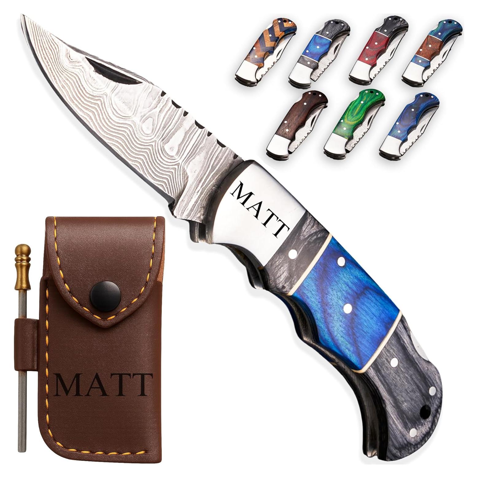 Cuchillo Plegable Damasco Personalizado Negro Azul 16.5cm
