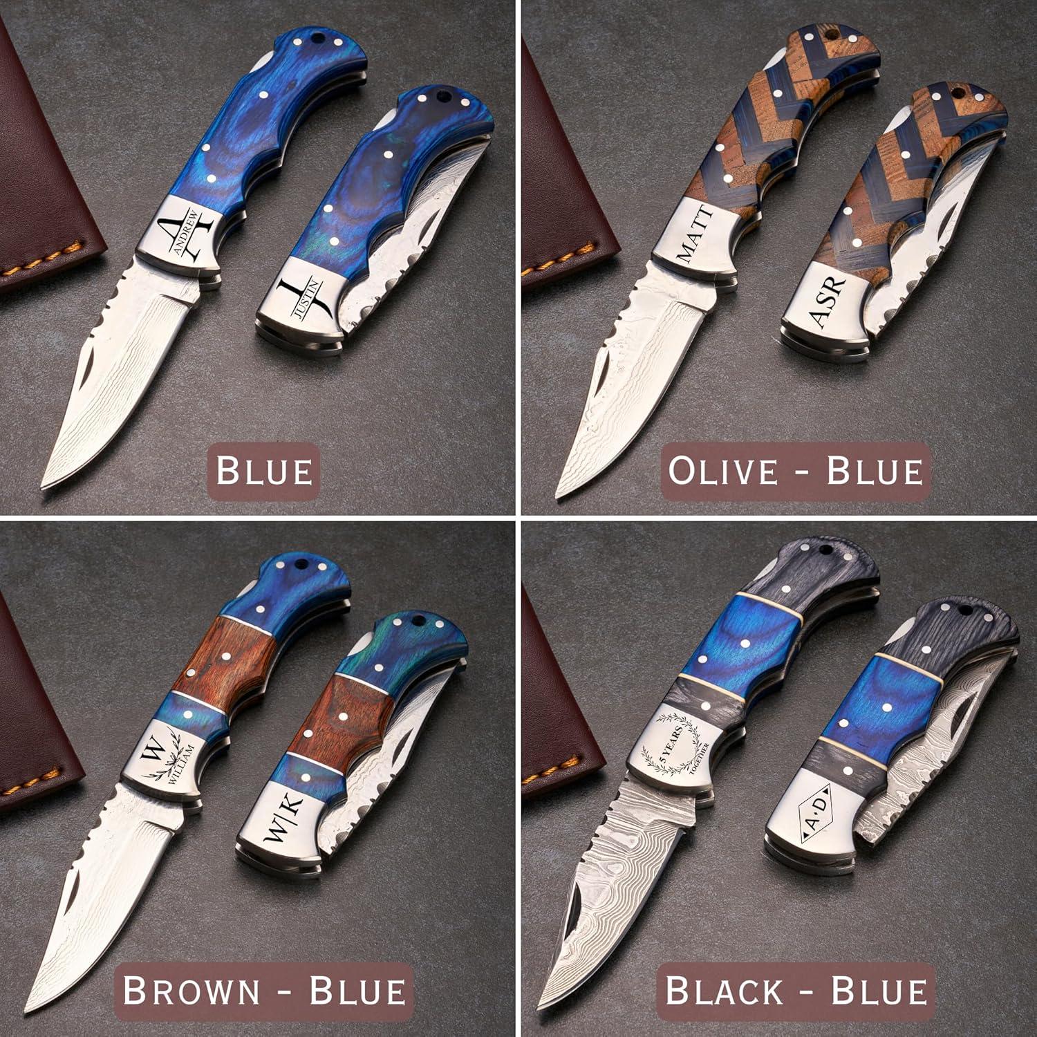 Cuchillo Plegable Damasco Personalizado Negro Azul 16.5cm