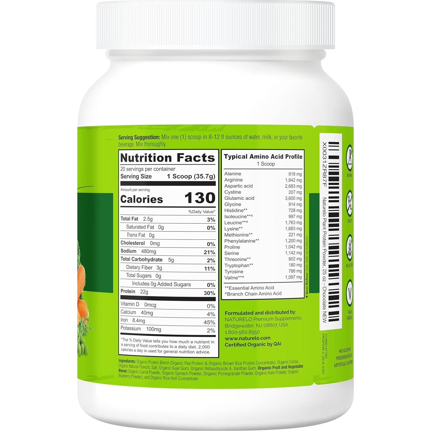 NATURELO Polvo de Proteína Vegetal Chocolate 0.71kg - Vegano