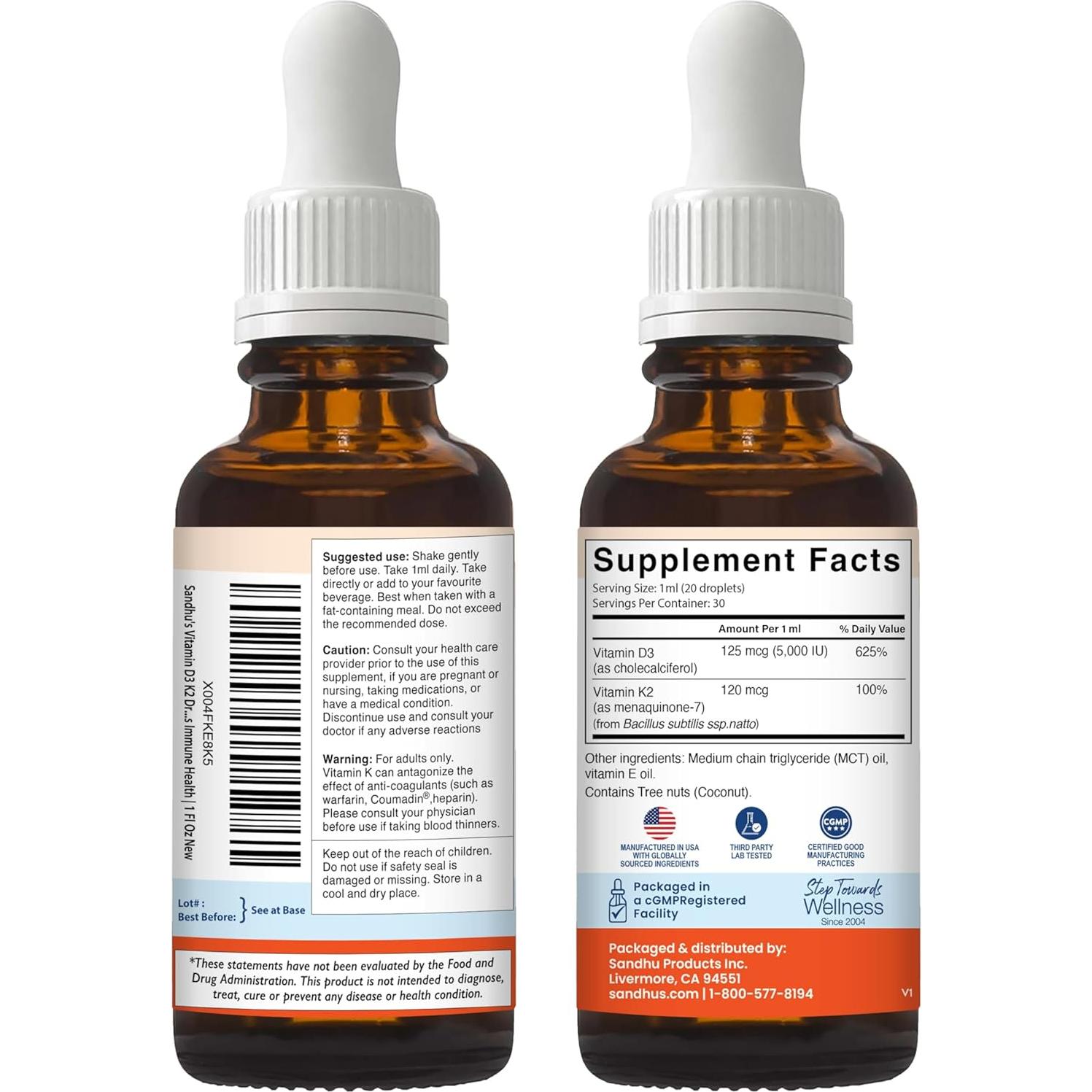 Gotas de Vitamina D3 K2 Sandhu 5000 UI 120 mcg 29.57 ml