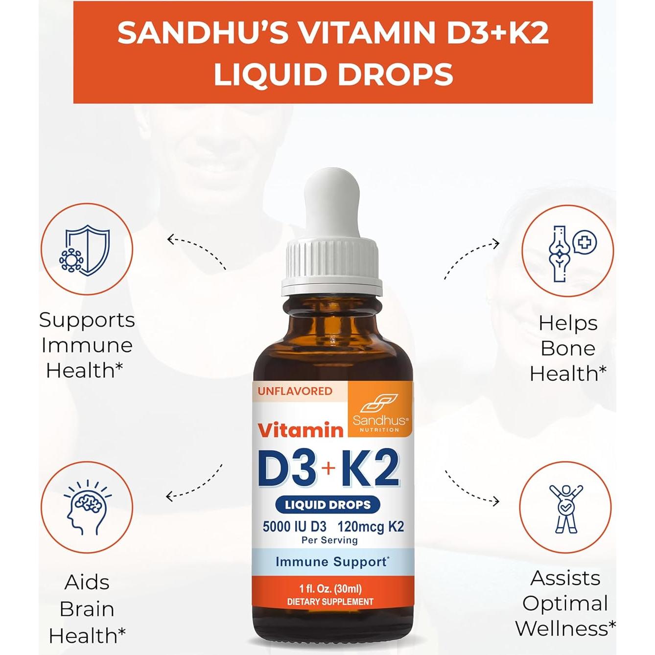 Gotas de Vitamina D3 K2 Sandhu 5000 UI 120 mcg 29.57 ml
