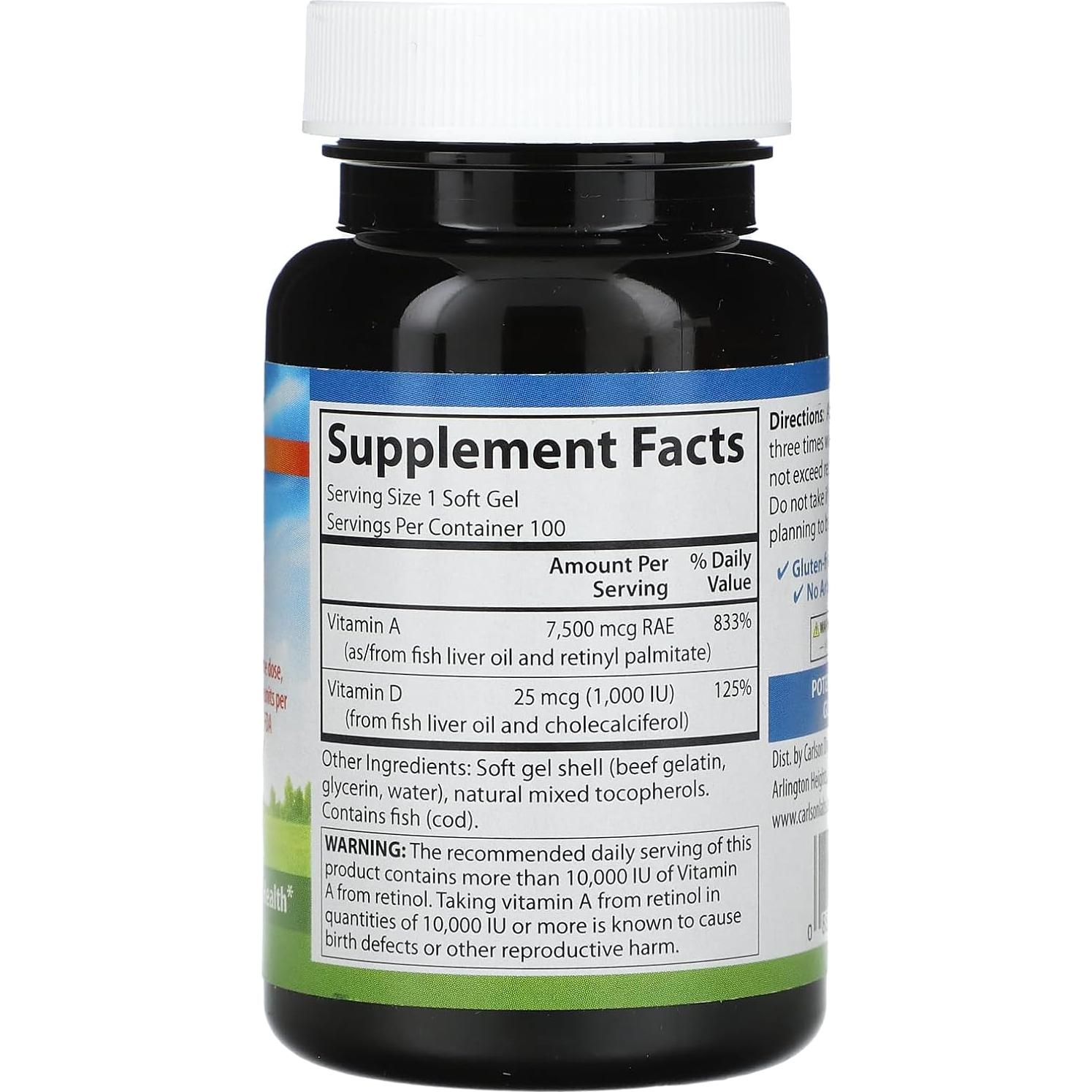 Vitamina A y D Carlson Labs 25000/1000 UI 100 Gelatinas Blandas