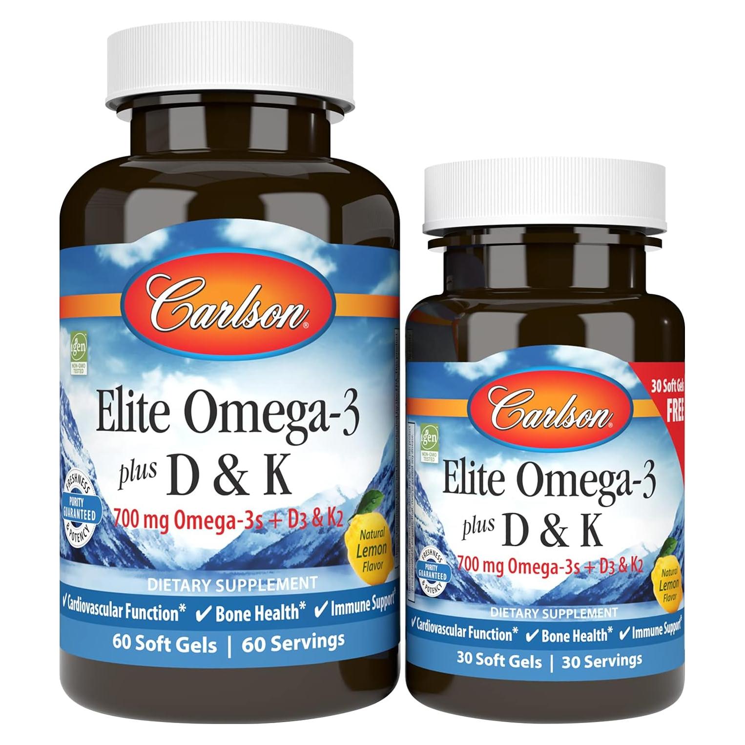 Suplemento Omega-3 Carlson Elite 700 mg + D3 y K2, 60+30 Gelatinas