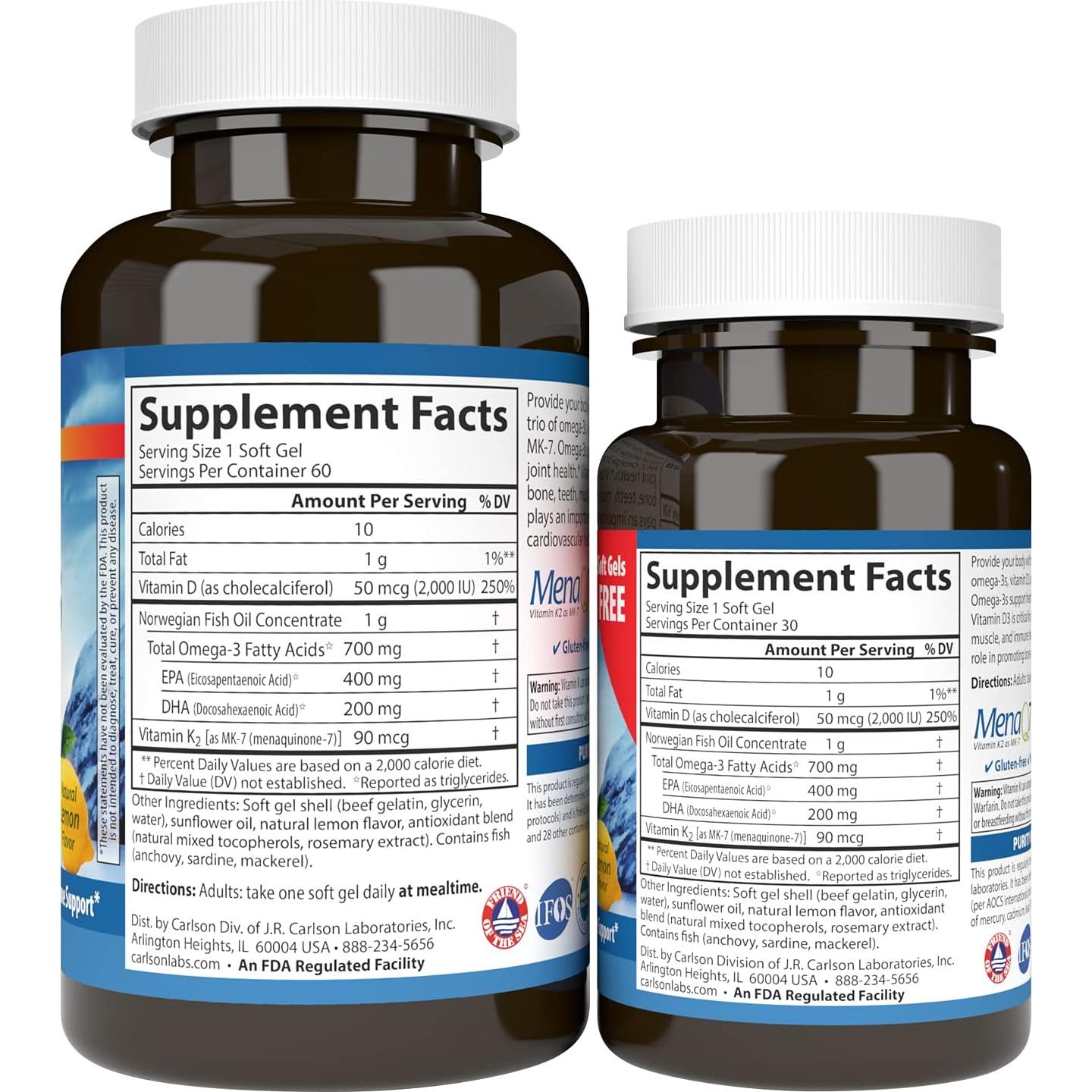 Suplemento Omega-3 Carlson Elite 700 mg + D3 y K2, 60+30 Gelatinas