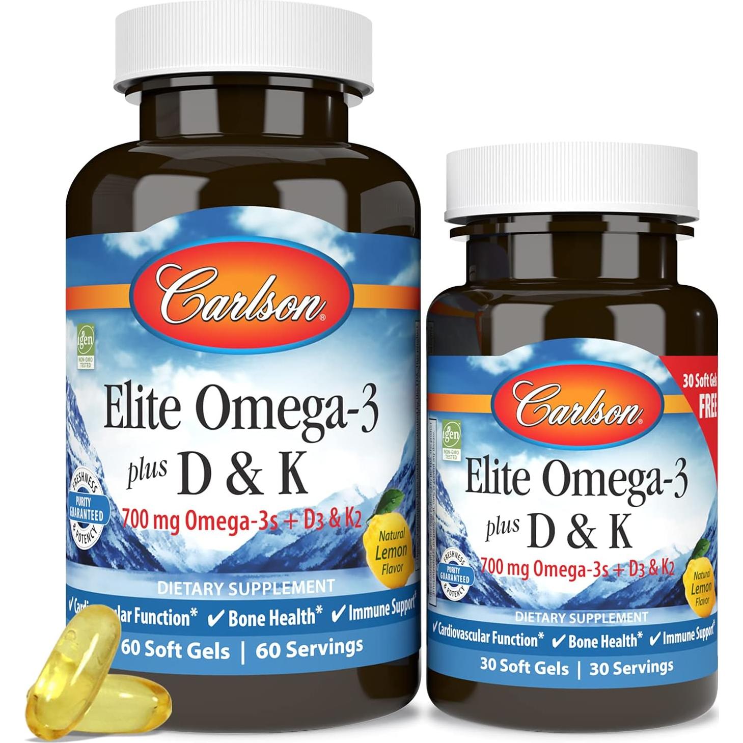 Suplemento Omega-3 Carlson Elite 700 mg + D3 y K2, 60+30 Gelatinas
