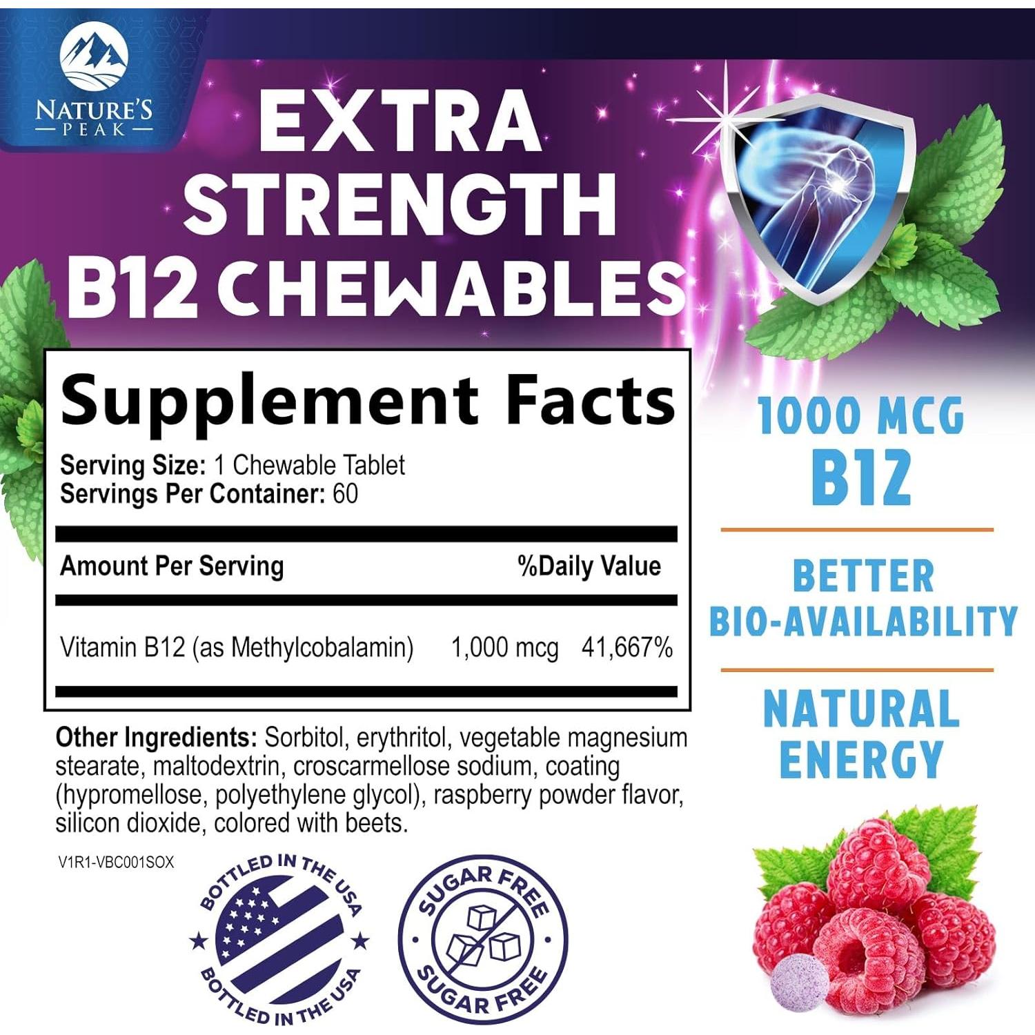 Vitamina B12 1000 mcg Metilcobalamina Nature's Peak 60 Tabletas