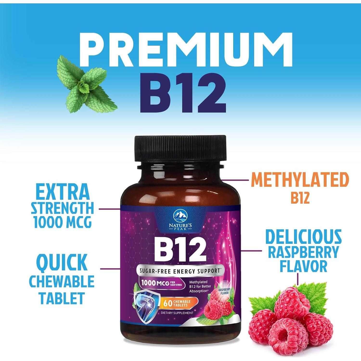 Vitamina B12 1000 mcg Metilcobalamina Nature's Peak 60 Tabletas
