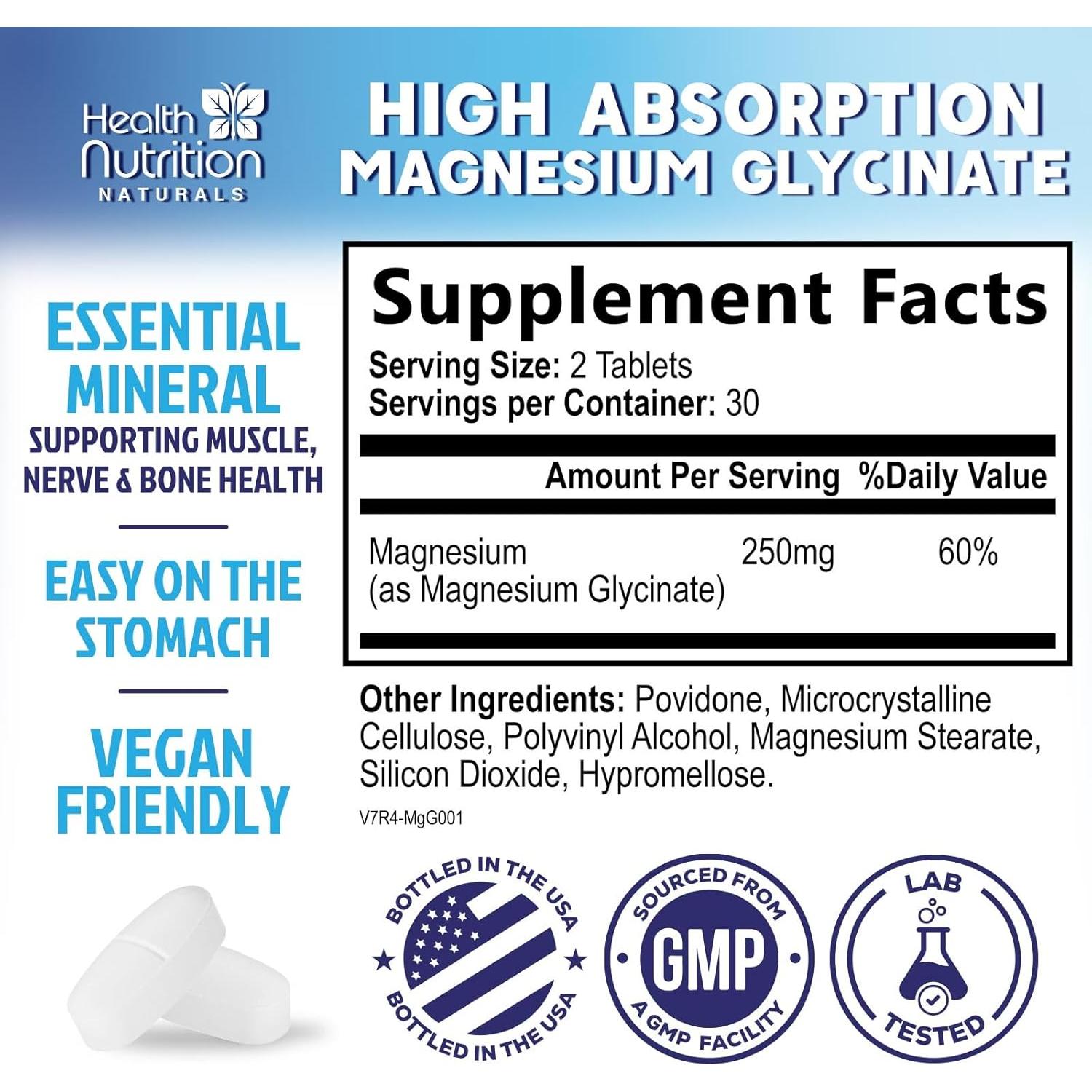 Glicinato de Magnesio 250mg Health Nutrition Naturals - 60 Tabletas