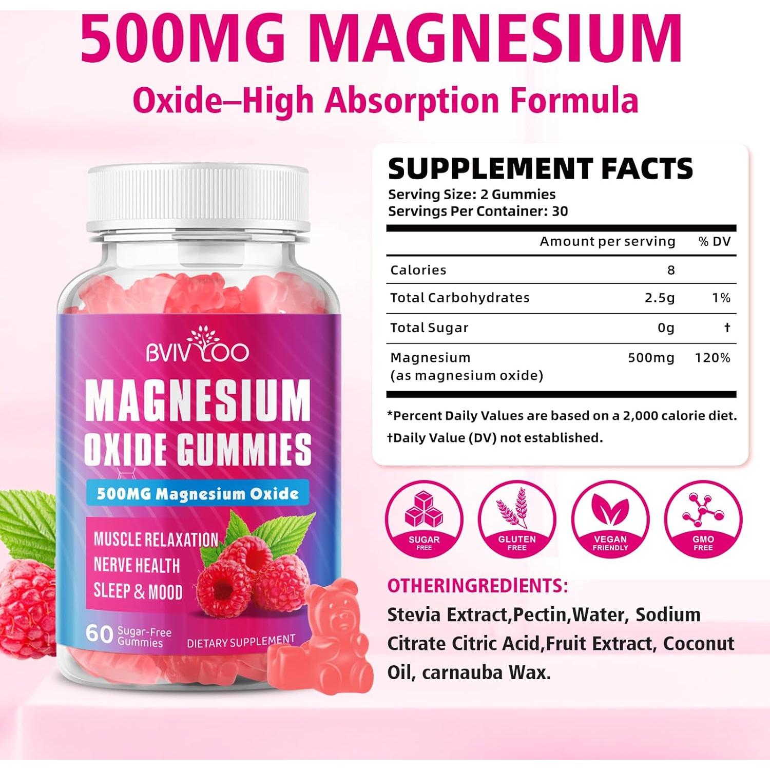 Gomitas de Óxido de Magnesio 500mg BVIVLOO Sabor Frambuesa 60 Unidades