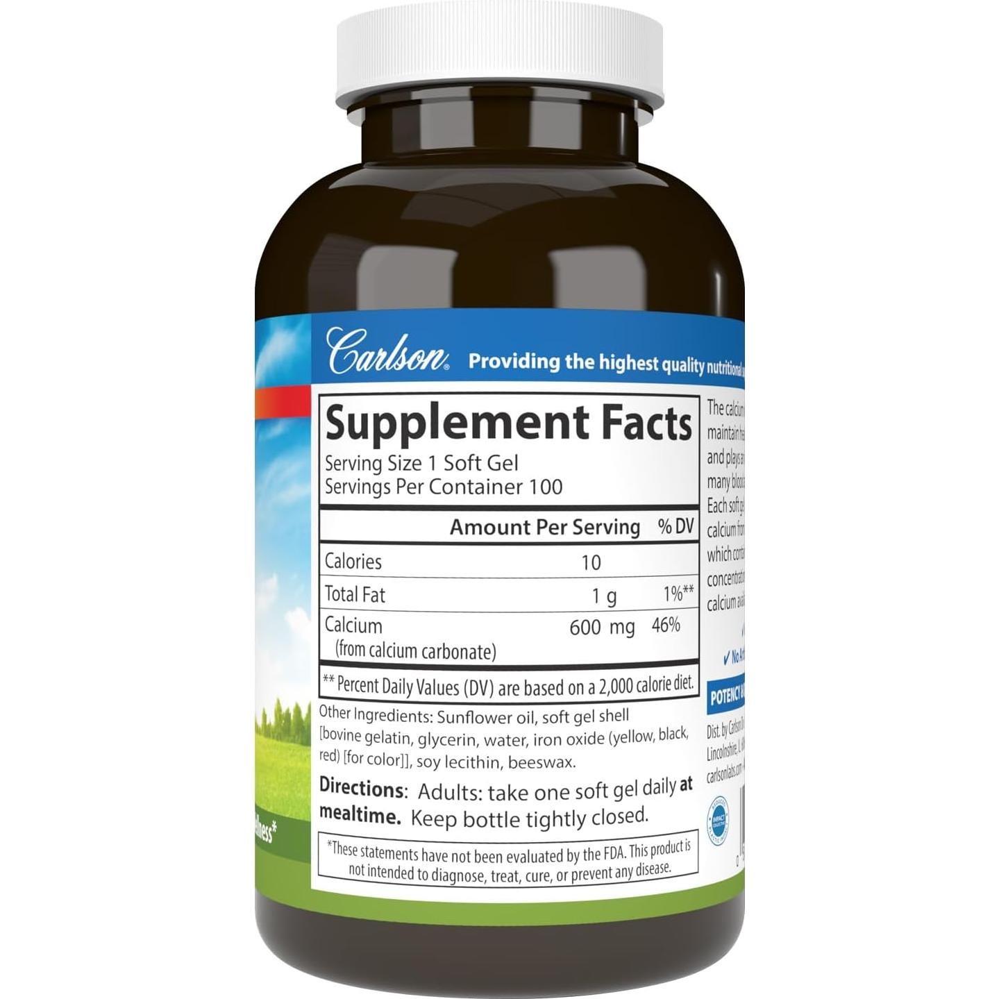 Carlson Cal-600 600 mg Calcio 100 Gelatinas Blandas Salud Ósea