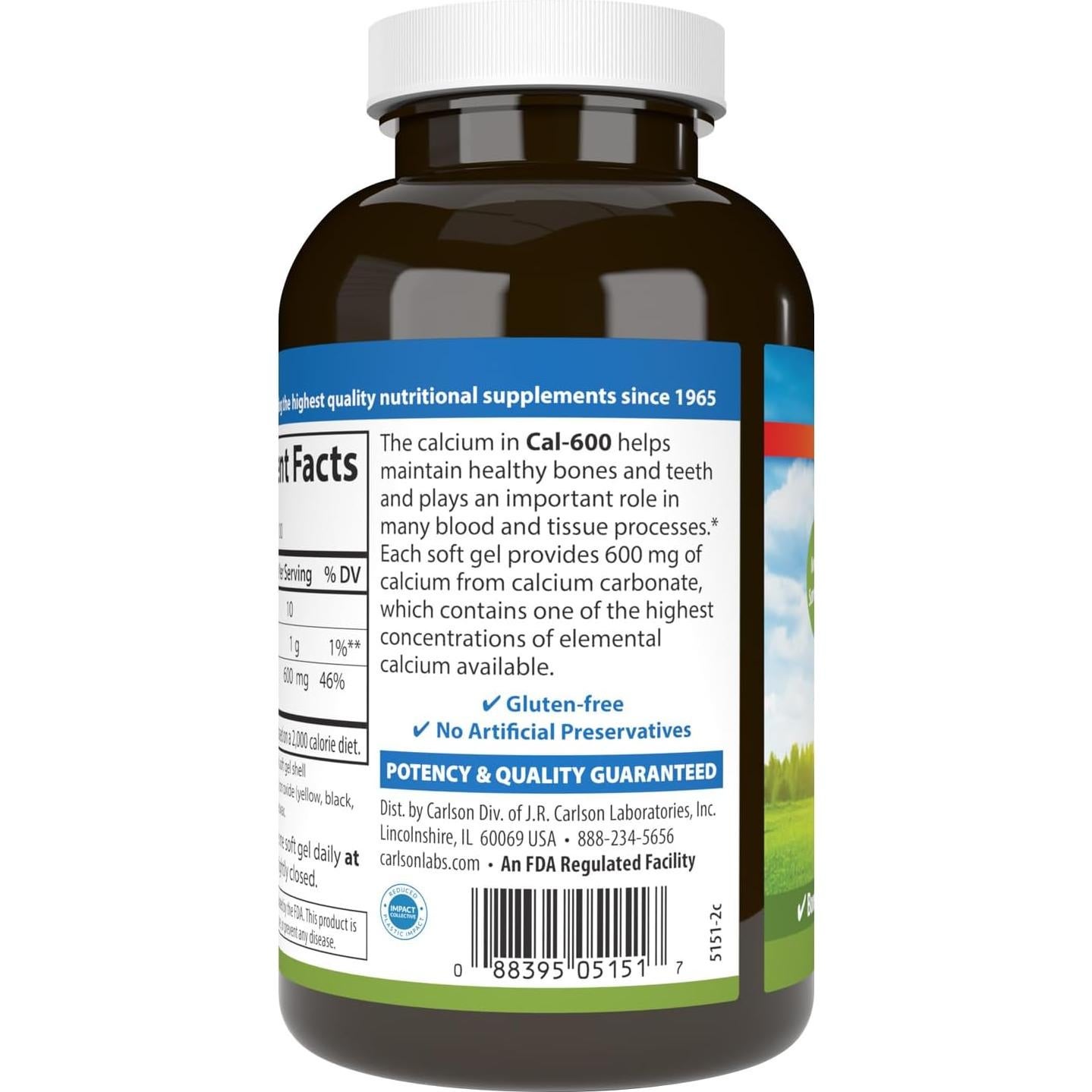 Carlson Cal-600 600 mg Calcio 100 Gelatinas Blandas Salud Ósea