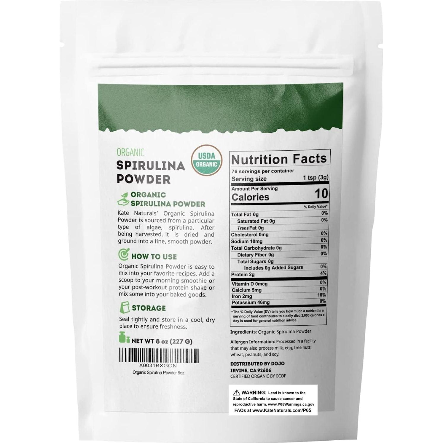 Polvo de Espirulina Orgánica Kate Naturals 226.8 g - Superalimento