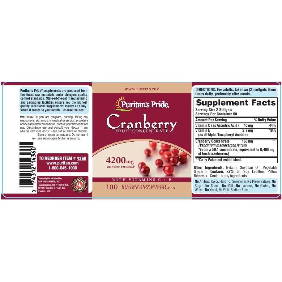 Concentrado de Fruta de Arándano Puritan's Pride 4200 mg 100 Cápsulas