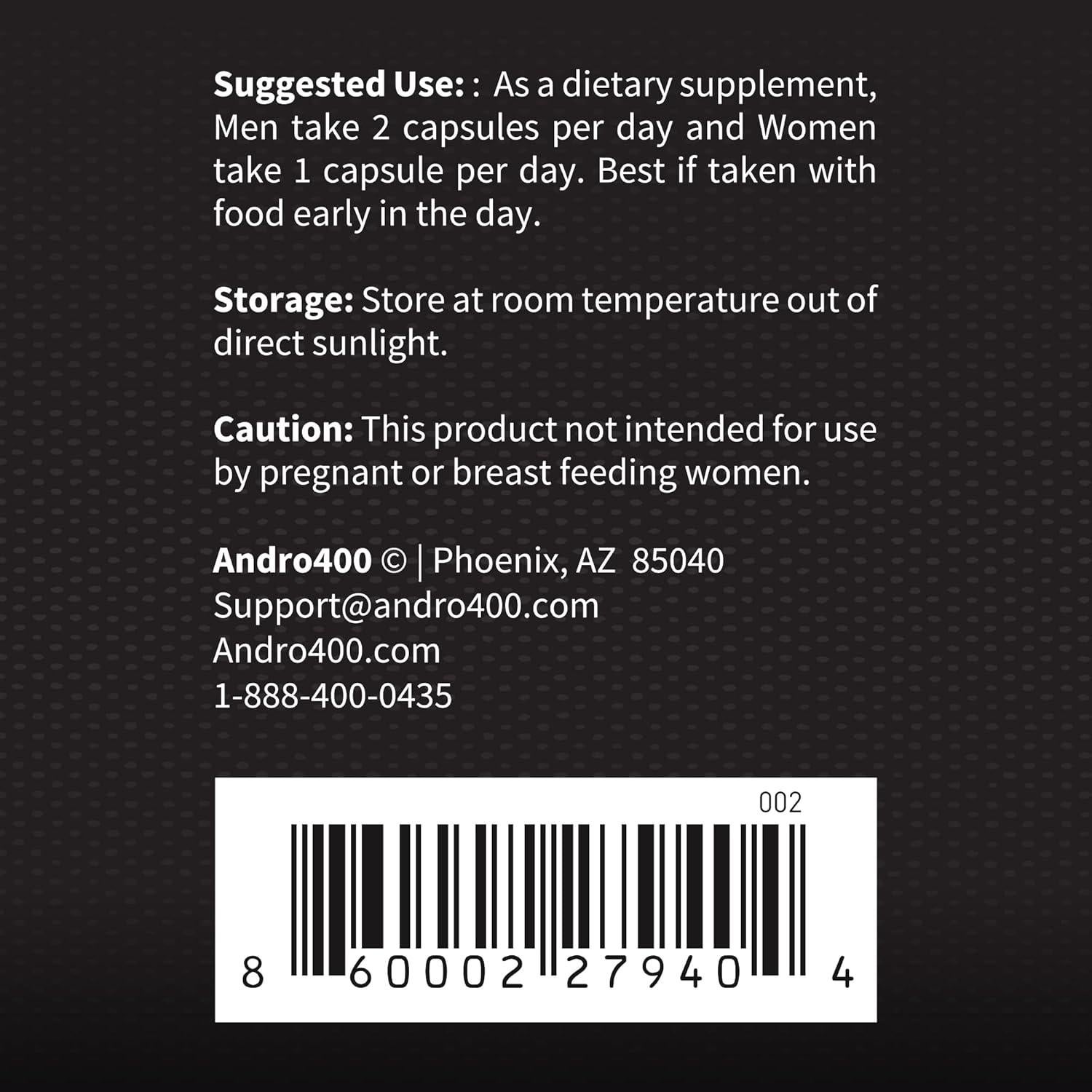 Suplemento Aumentador de Testosterona Andro400 Ultra Max 60 Cápsulas