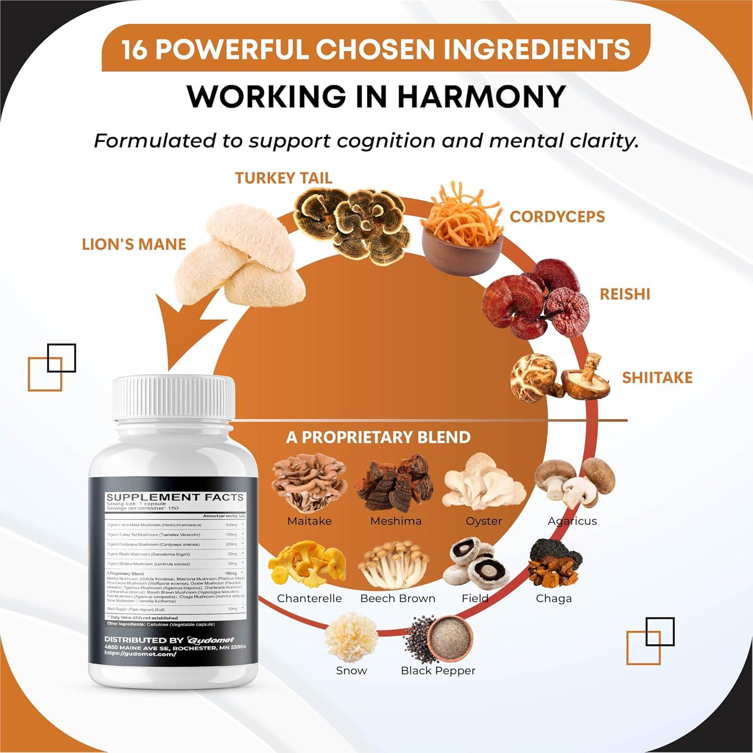 Suplemento Orgánico Gudomet 16 Hongos - 150 Cápsulas