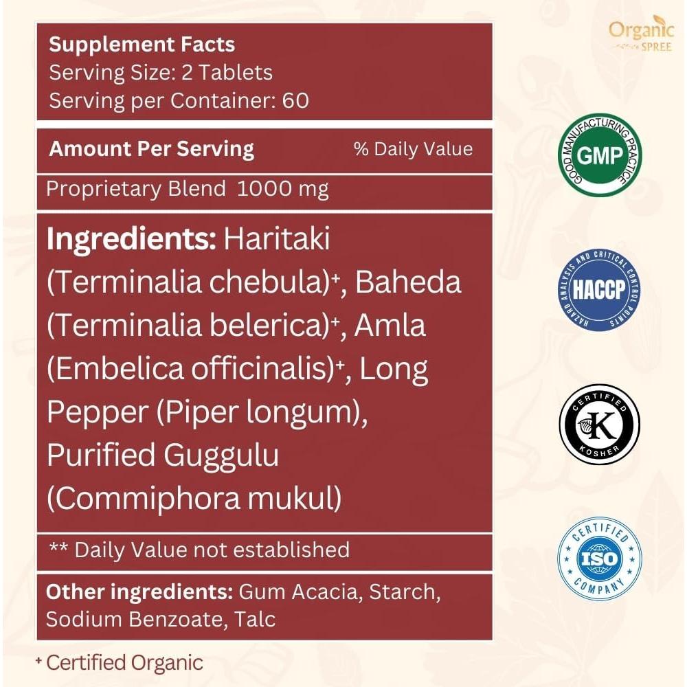 Tabletas Triphala Guggulu Organic Spree 120 Unidades - Salud Digestiva