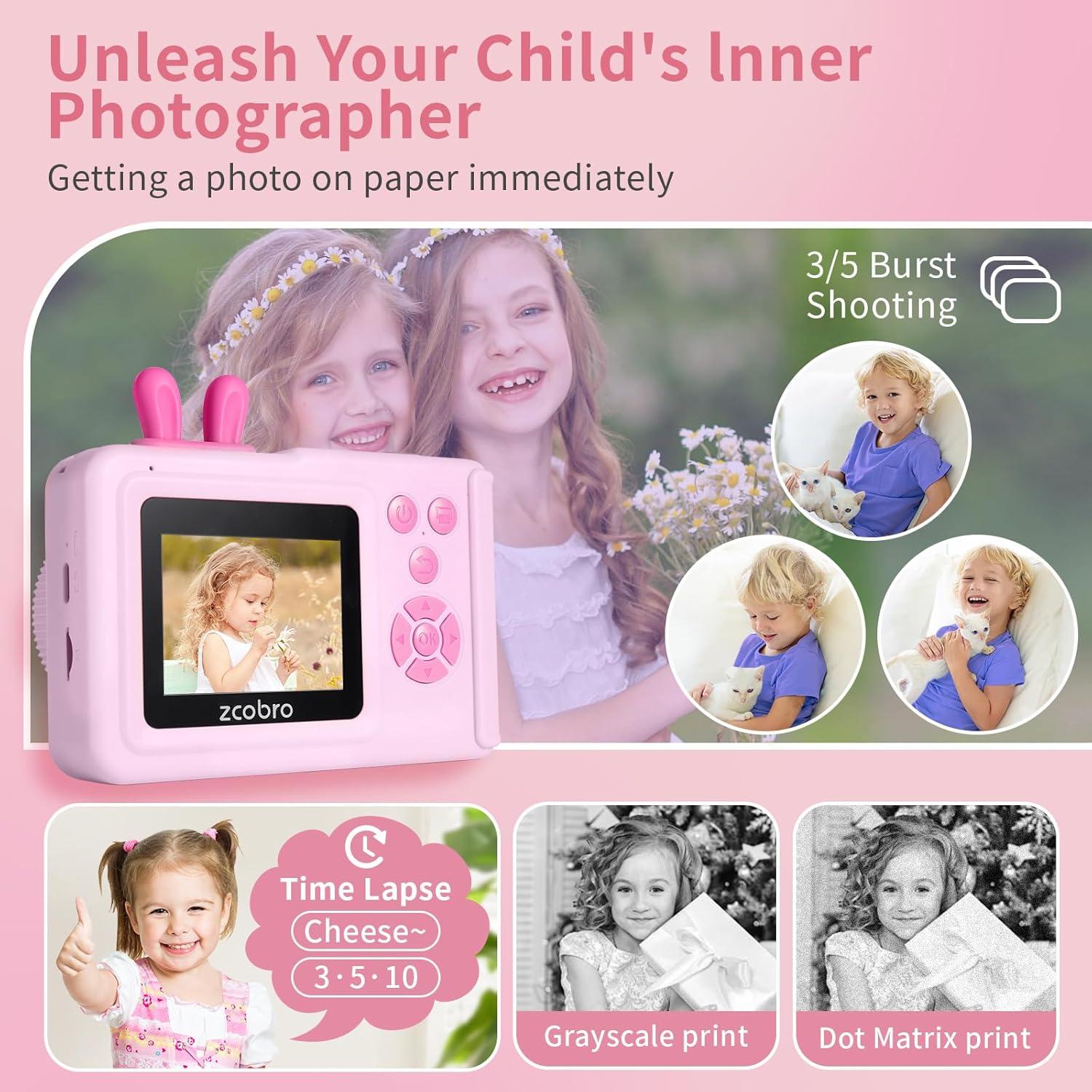 Cámara Instantánea Zcobro Rosa para Niños 5MP 1080P