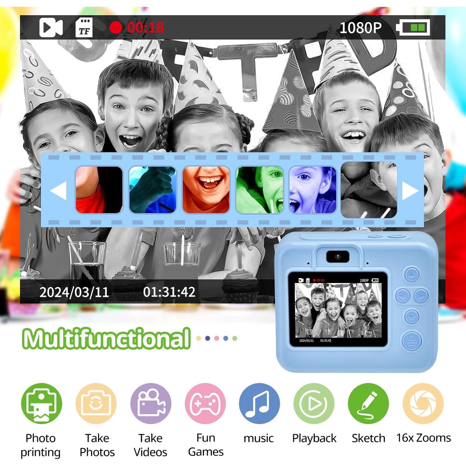 Cámara Instantánea para Niños Azul 1080P HD con Papel y 32G