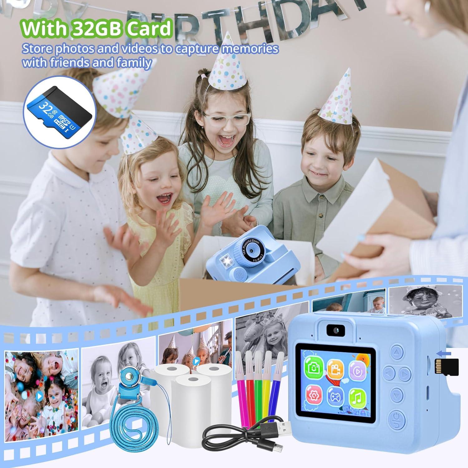 Cámara Instantánea para Niños Azul 1080P HD con Papel y 32G