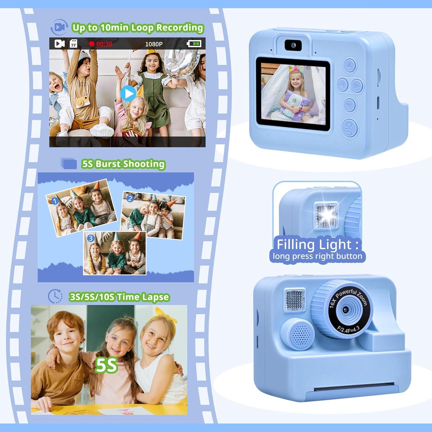 Cámara Instantánea para Niños Azul 1080P HD con Papel y 32G