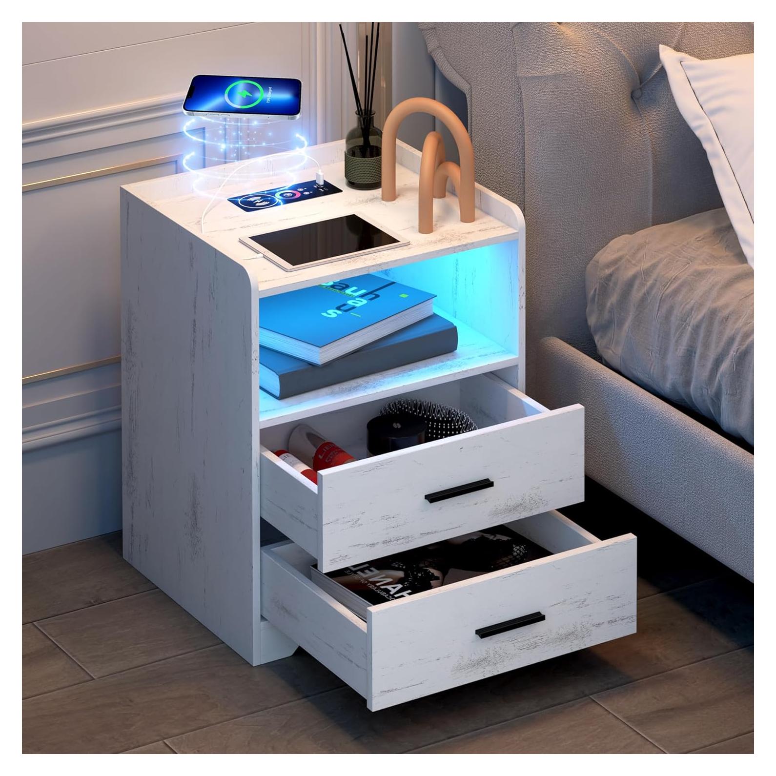 Mesita de Noche dnbss con Carga Inalámbrica y Luces RGB