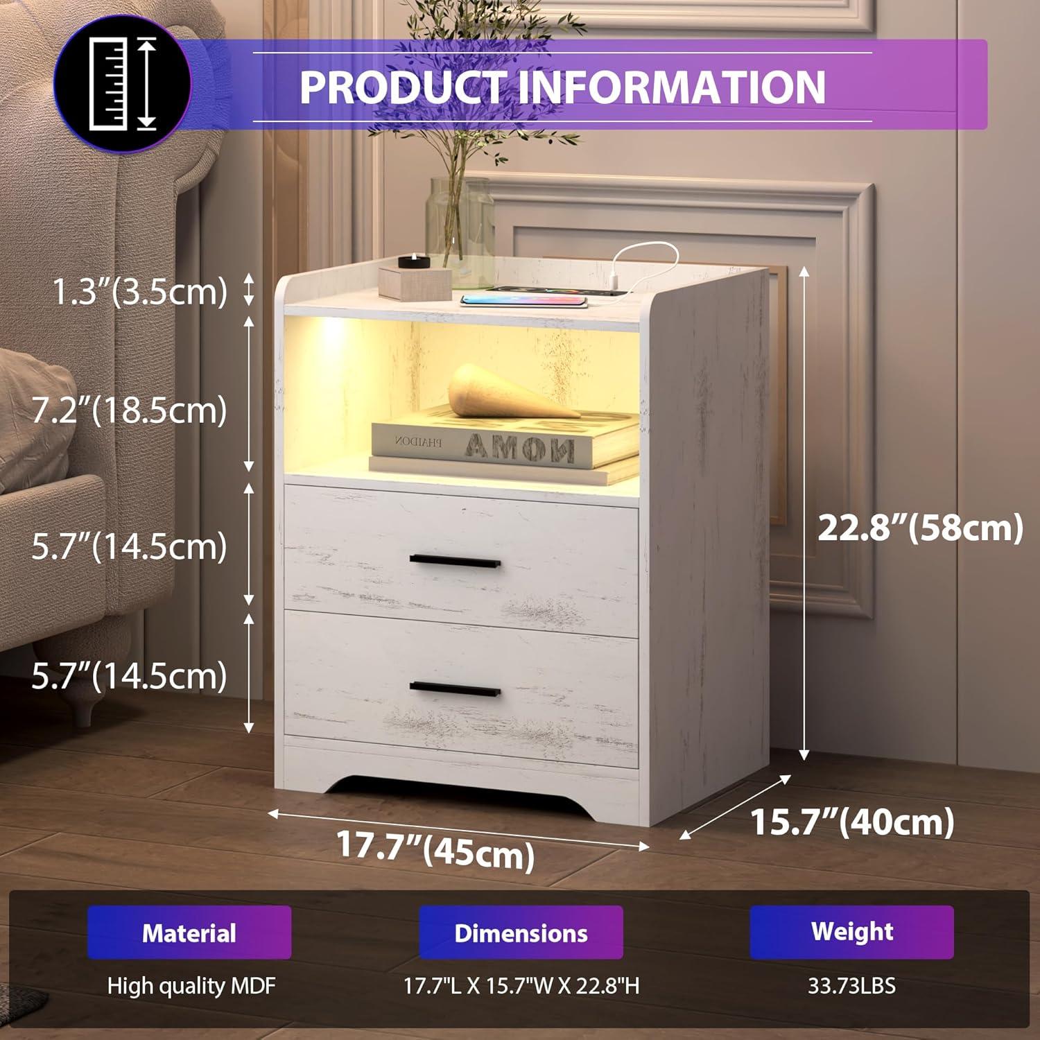 Mesita de Noche dnbss con Carga Inalámbrica y Luces RGB