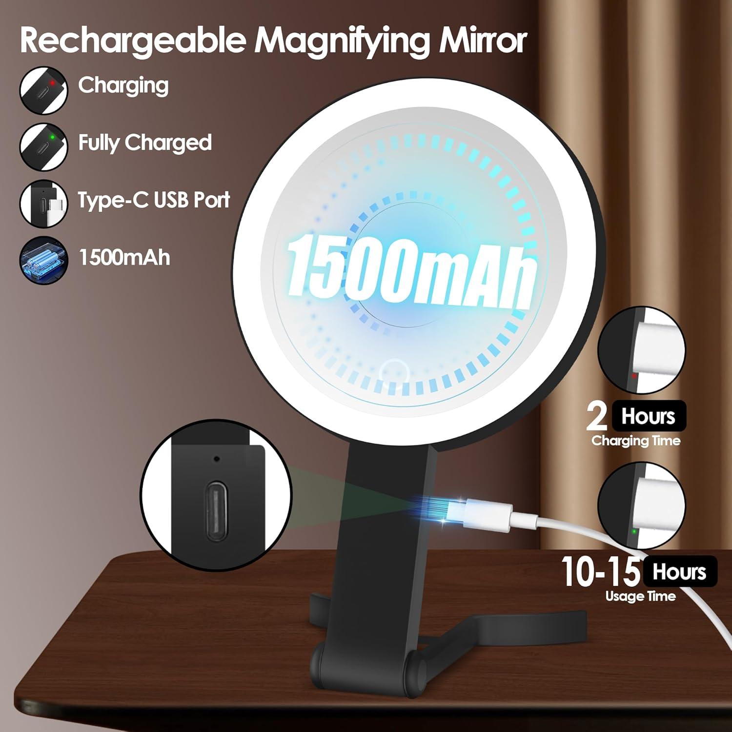 Espejo de Aumento MIYADIVA 30X/1X con Luz Táctil Plegable Negro