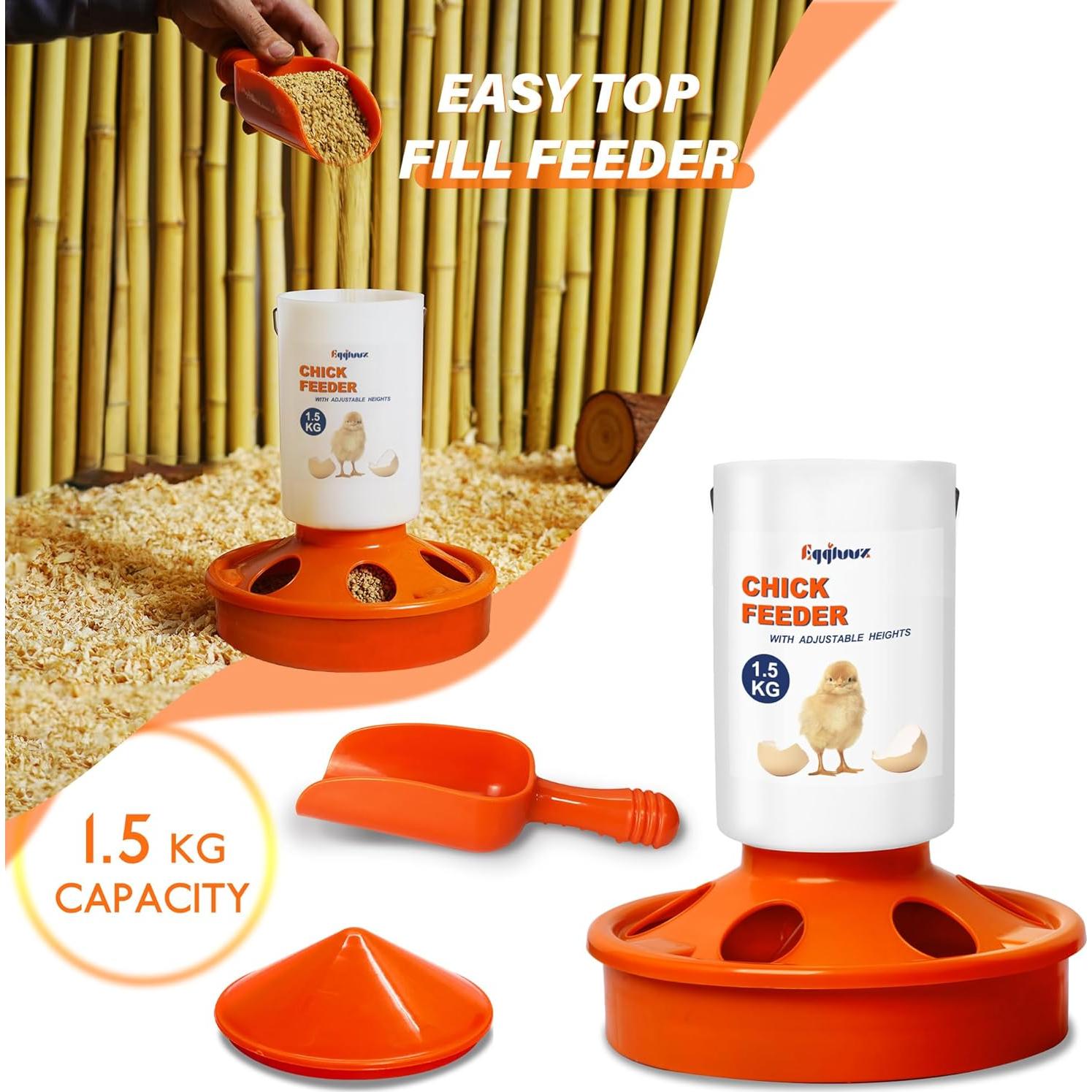 Kit Alimentador y Bebedero Pollitos Eggluuz 1.5L 1.5kg Ajustable