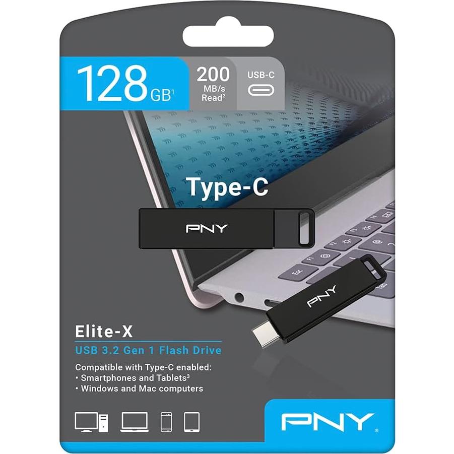 128GB PNY Elite-X Type-C USB 3.2 Gen 1 Flash Drive – 200MB/s Read, Ultra Fast Storage and File Transfers for Type-C Devices